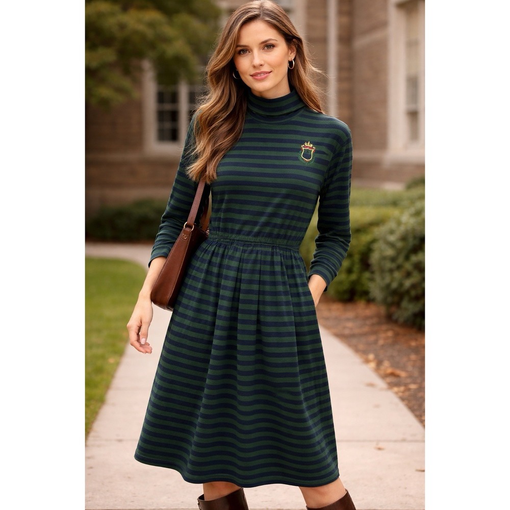 Talbots‎ Vintage Striped Knit Dress Green Navy Crest Ivy Preppy 90s Size PM Midi